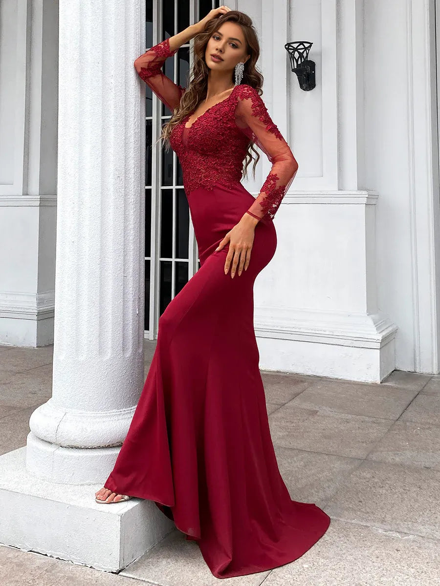 Elegant Mermaid V Neck Long Sleeve Zipper Up Sweep/Brush Train Prom Dress